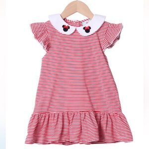 The Smocked Flamingo Mouse Red Knit Stripe Flutter Dress - Size 7